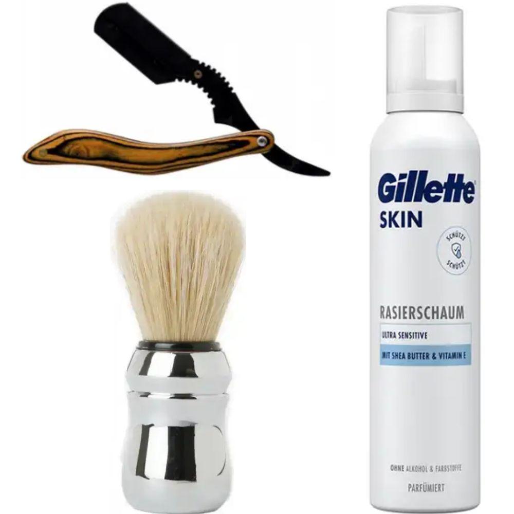 Небезпечна бритва/шавета розкладна Straight Razor + помазок Proraso + піна для гоління Gillette Skin Ultra Sensitive, фото 1