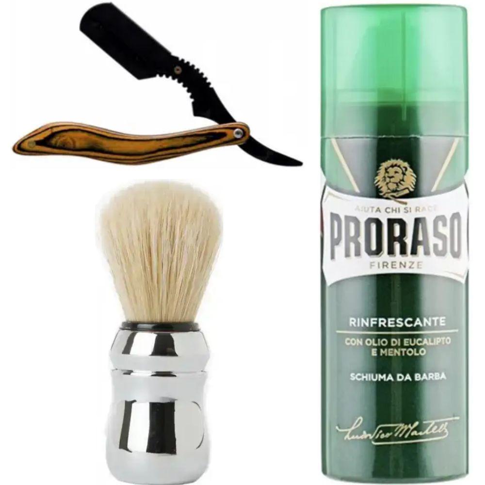 Небезпечна бритва/шавета розкладна Straight Razor + помазок Proraso + піна для гоління Proraso тонізуюча з евкаліптом і ментолом, фото 1