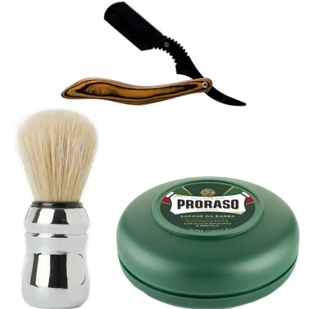 Небезпечна бритва/шавета розкладна Straight Razor + помазок Proraso + мило для гоління Proraso Rinfrescante Green Eucalyptus 75 мл, фото 1