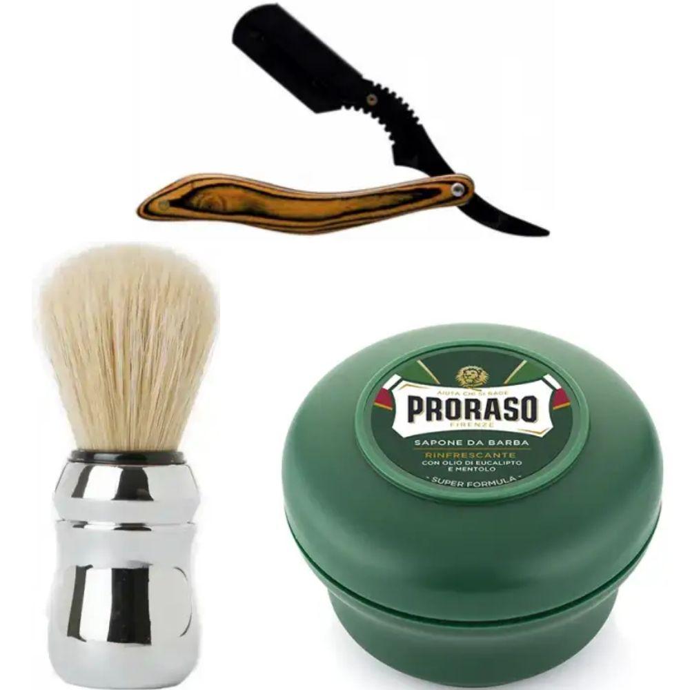 Небезпечна бритва/шавета розкладна Straight Razor + помазок Proraso + мило для гоління Proraso Rinfrescante Green Eucalyptus 150мл, фото 1