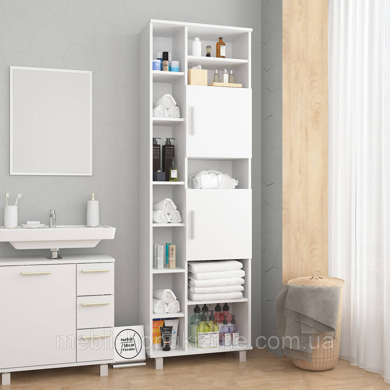 Пенал Стелаж Шафа для ванної кімнати та будинку з регульованими по висоті полицями на металевих ніжках, фото 1