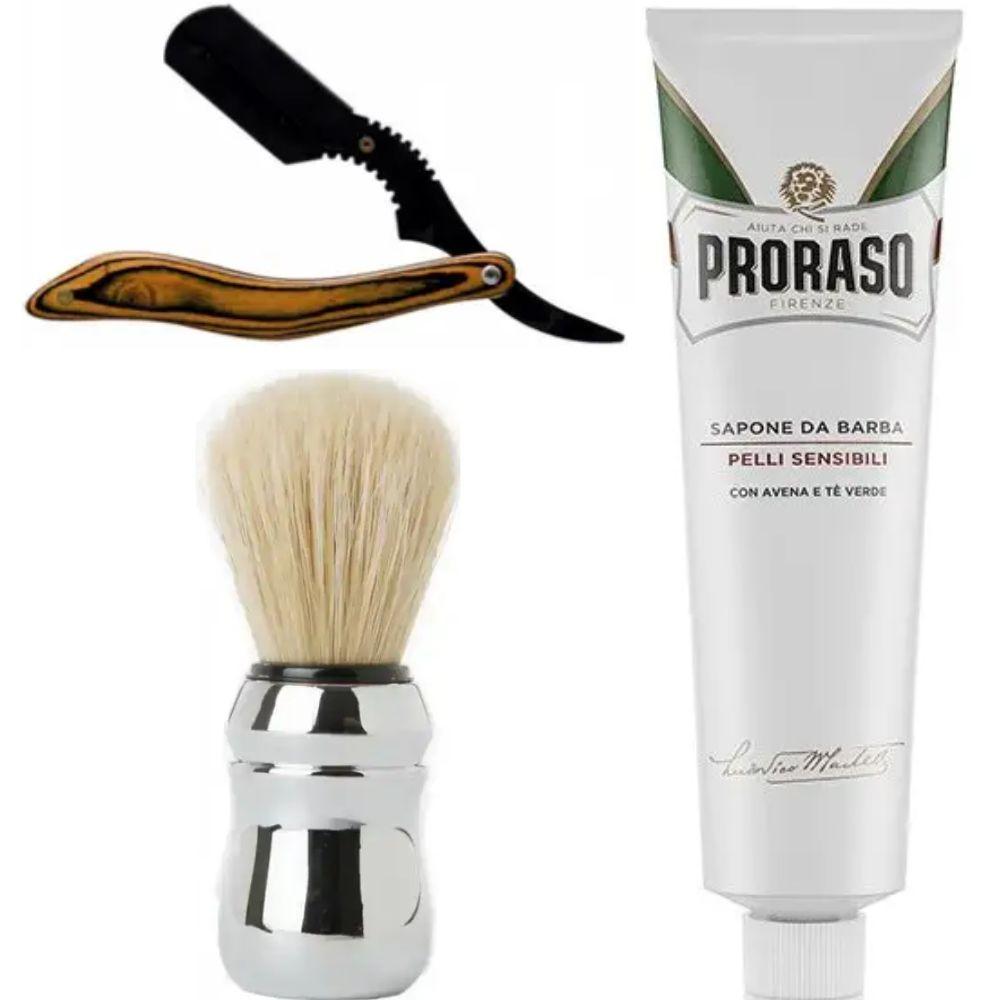 Небезпечна бритва/шавета розкладна Straight Razor + помазок Proraso + крем для гоління Proraso для чутливої шкіри, фото 1
