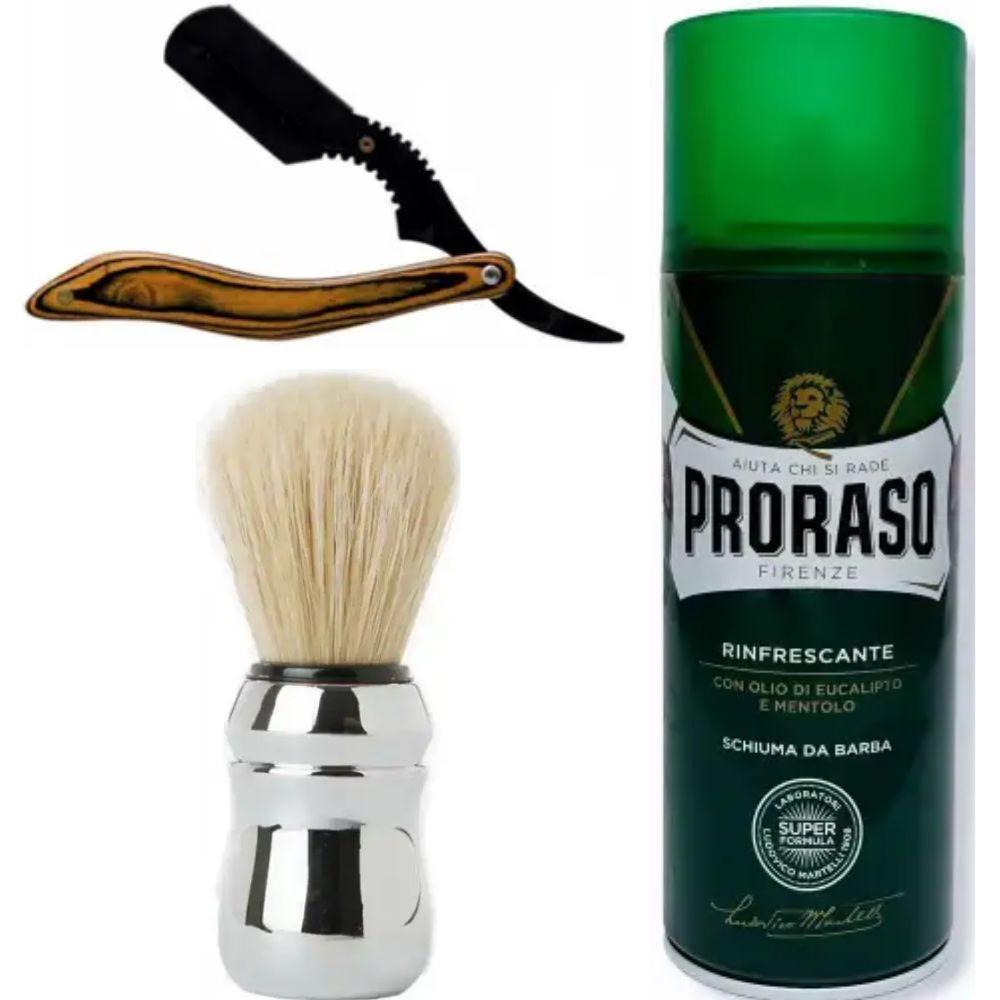 Небезпечна бритва/шавета розкладна Straight Razor + помазок Proraso + піна для гоління Proraso тонізуюча з евкаліптом і ментолом, фото 1