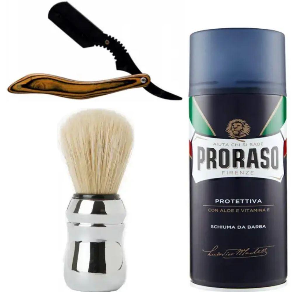 Небезпечна бритва/шавета розкладна Straight Razor + помазок Proraso + піна для гоління Proraso з екстрактом алое та вітаміном Е, фото 1