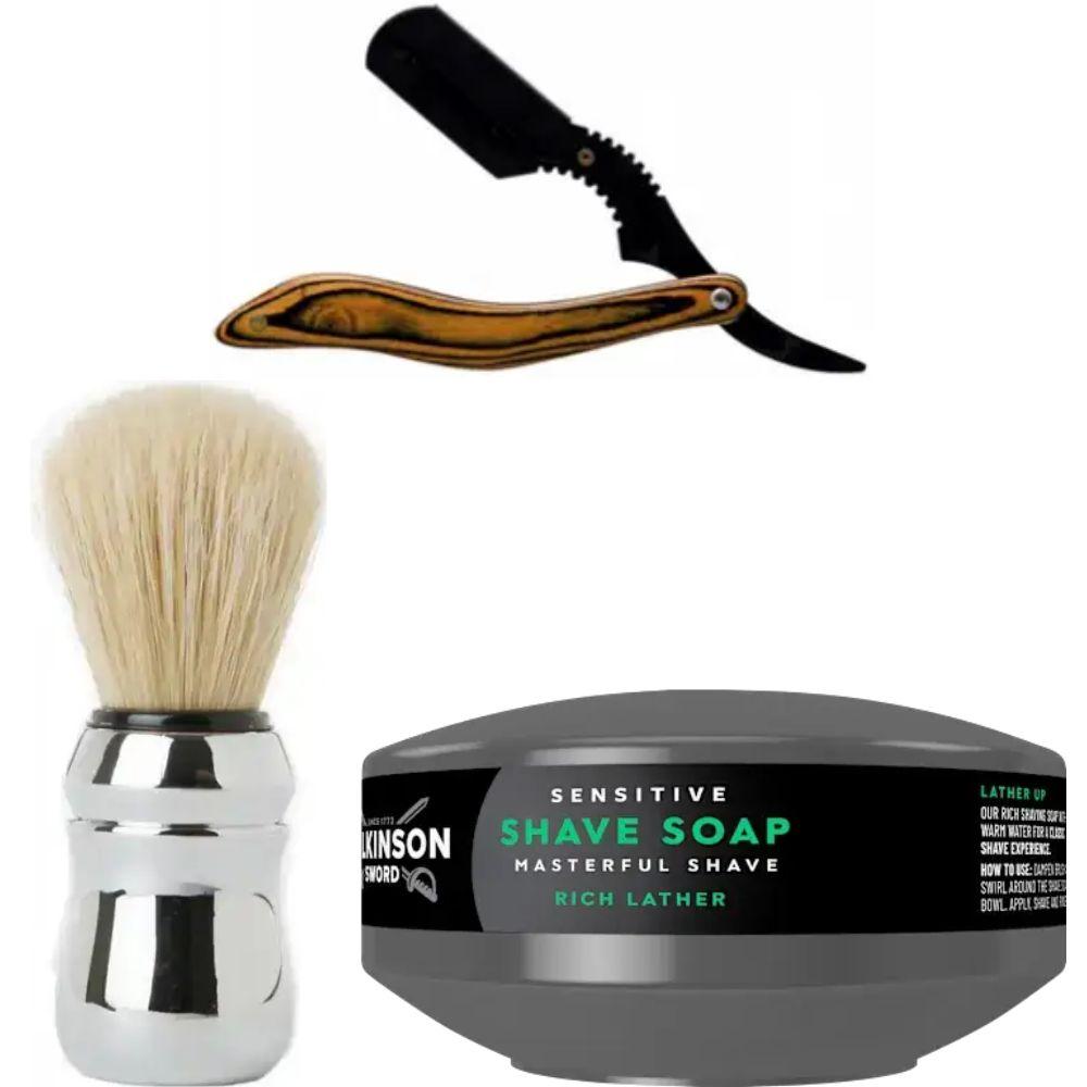 Небезпечна бритва/шавета розкладна Straight Razor + помазок Proraso + мило для гоління Wilkinson Sword для чутливої шкіри 125 г, фото 1