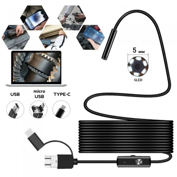 Камера ендоскоп із кабелем на 5 метрів 5 мм USB/micro USB/Type-C з підсвіткою під Android, фото 1
