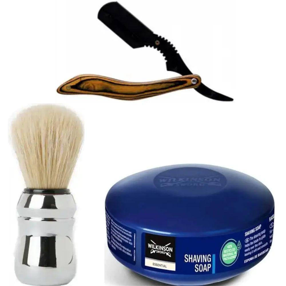 Небезпечна бритва/шавета розкладна Straight Razor + помазок Proraso + мило для гоління Wilkinson Essential 125 г, фото 1