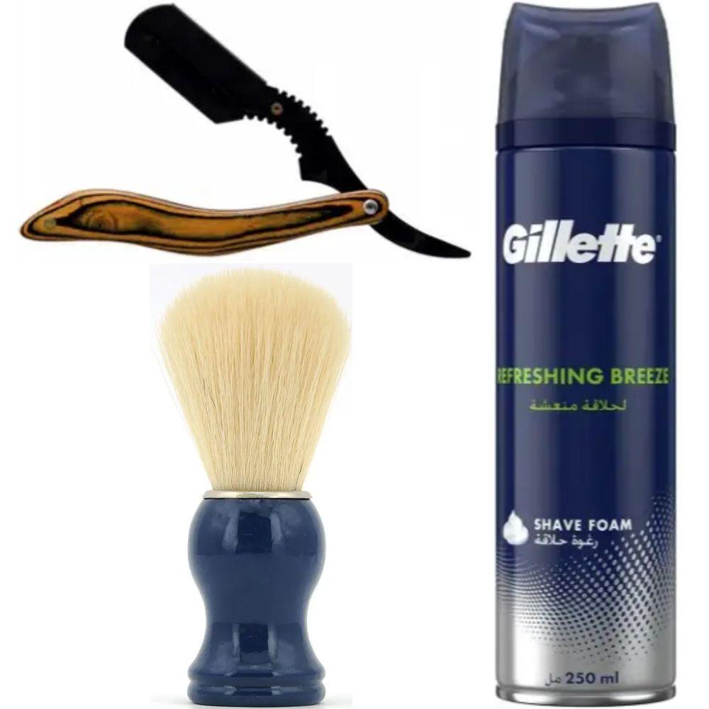 Небезпечна бритва/шавета розкладна Straight Razor + помазок SHIMA синій + піна для гоління Gillette Refreshing Breeze 250 мл, фото 1