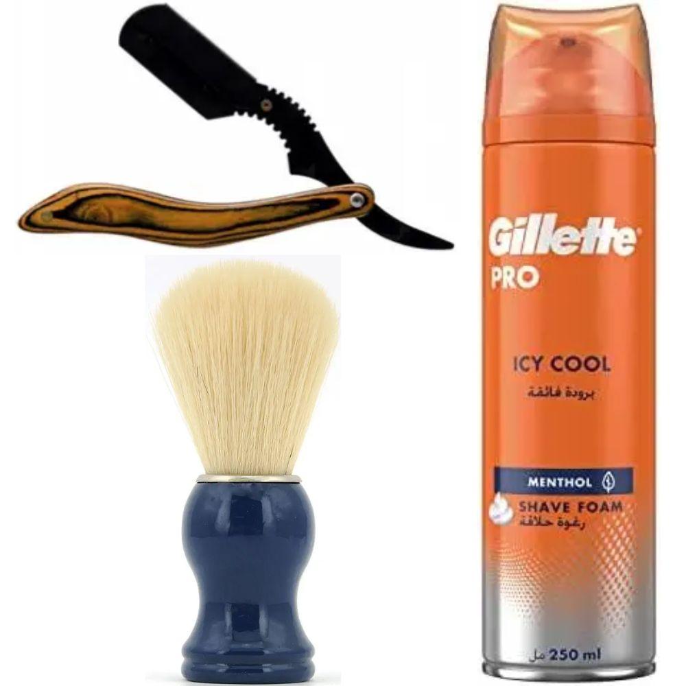 Небезпечна бритва/шавета розкладна Straight Razor + помазок SHIMA синій + піна для гоління Gillette Pro Icy Cool з ментолом, фото 1