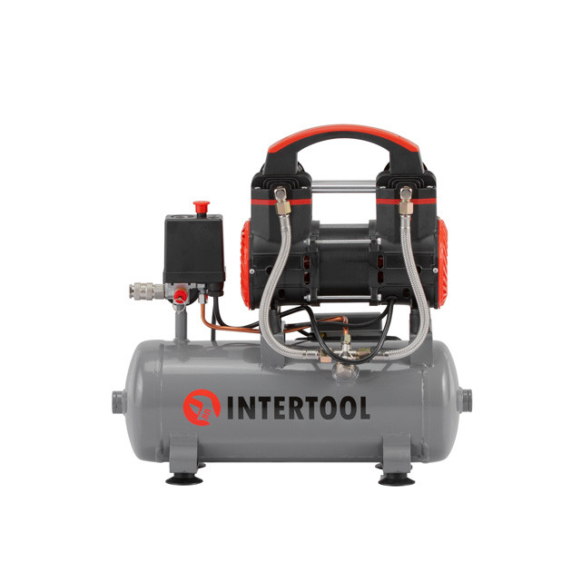 Компресор 9 л, 0.75 кВт, 220 В, 8 aтм, 200 л/хв, 2800 об/хв, безмасляний, 2 циліндра INTERTOOL PT-0015, фото 1