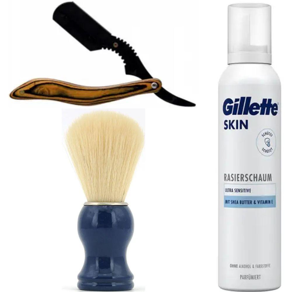 Небезпечна бритва/шавета розкладна Straight Razor + помазок SHIMA синій + піна для гоління Gillette Skin Ultra Sensitive, фото 1