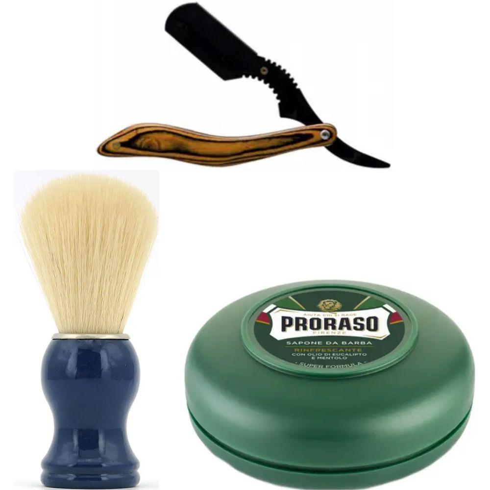 Небезпечна бритва/шавета розкладна Straight Razor + помазок SHIMA синій + мило для гоління Proraso Rinfrescante Green Eucalyptus, фото 1