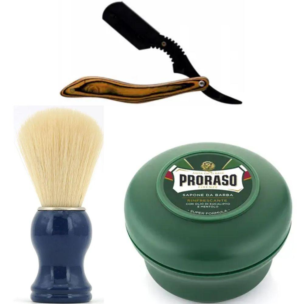 Небезпечна бритва/шавета розкладна Straight Razor + помазок SHIMA синій + мило для гоління Proraso Rinfrescante Green Eucalyptus, фото 1