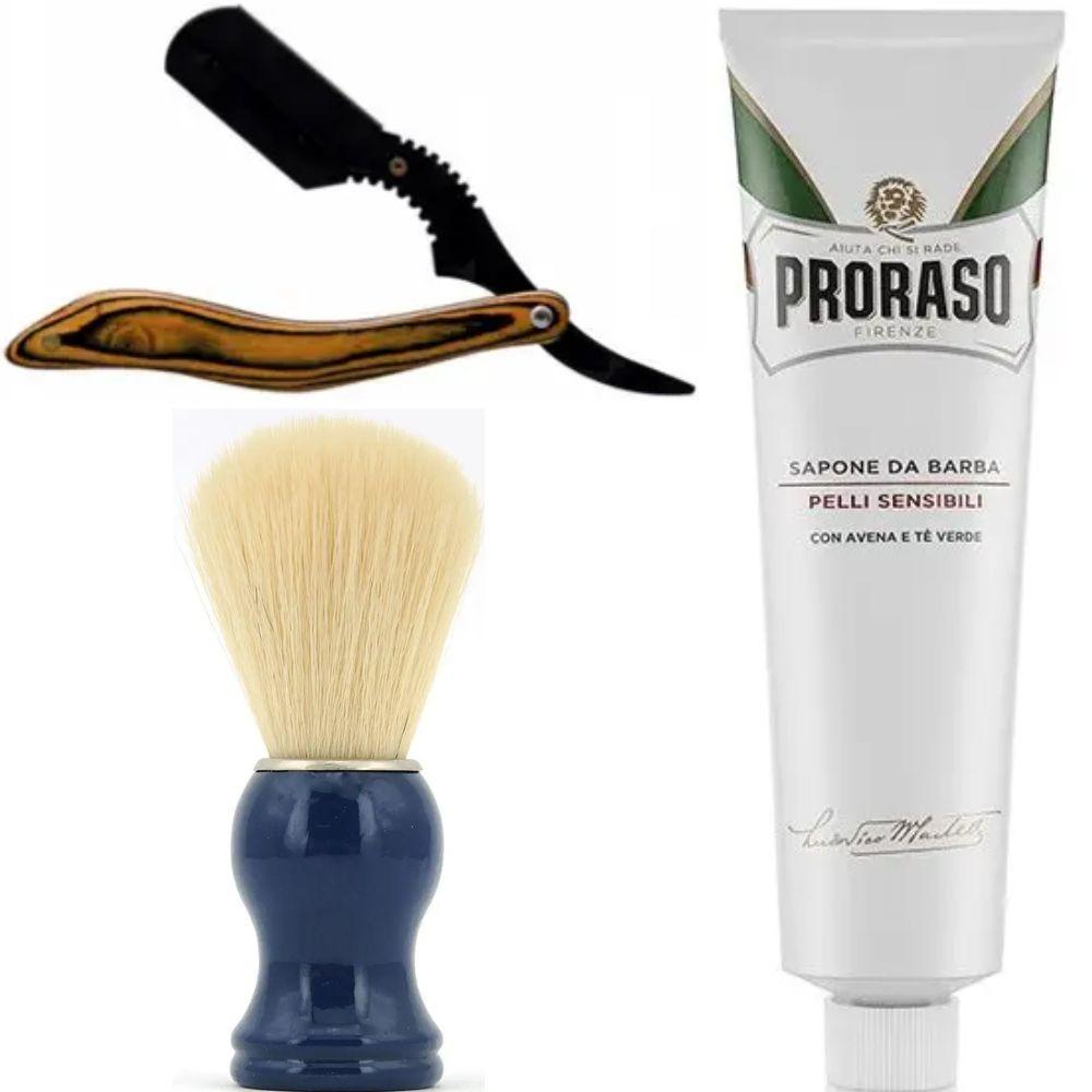 Небезпечна бритва/шавета розкладна Straight Razor + SHIMA синій + крем для гоління Proraso для чутливої шкіри з зеленим чаєм, фото 1
