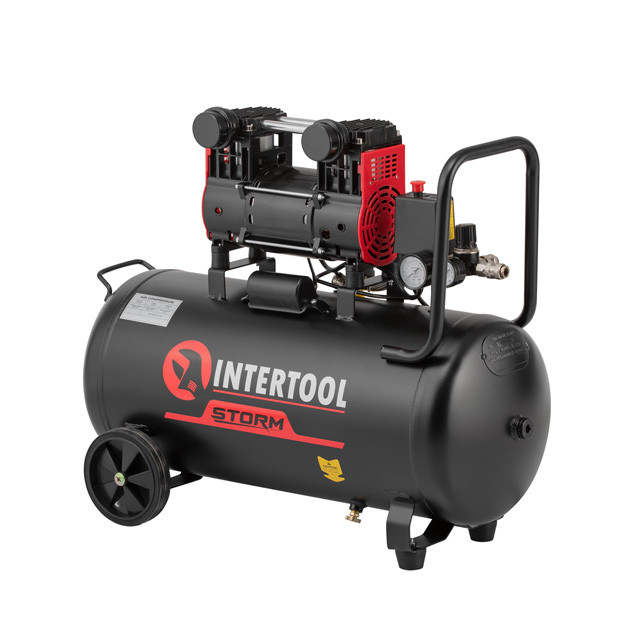 Компресор 50 л, 1.5 кВт, 220 В, 8 aтм, 200 л/хв, 1400 об/хв, безмасляний, 2 циліндра INTERTOOL PT-0034, фото 1