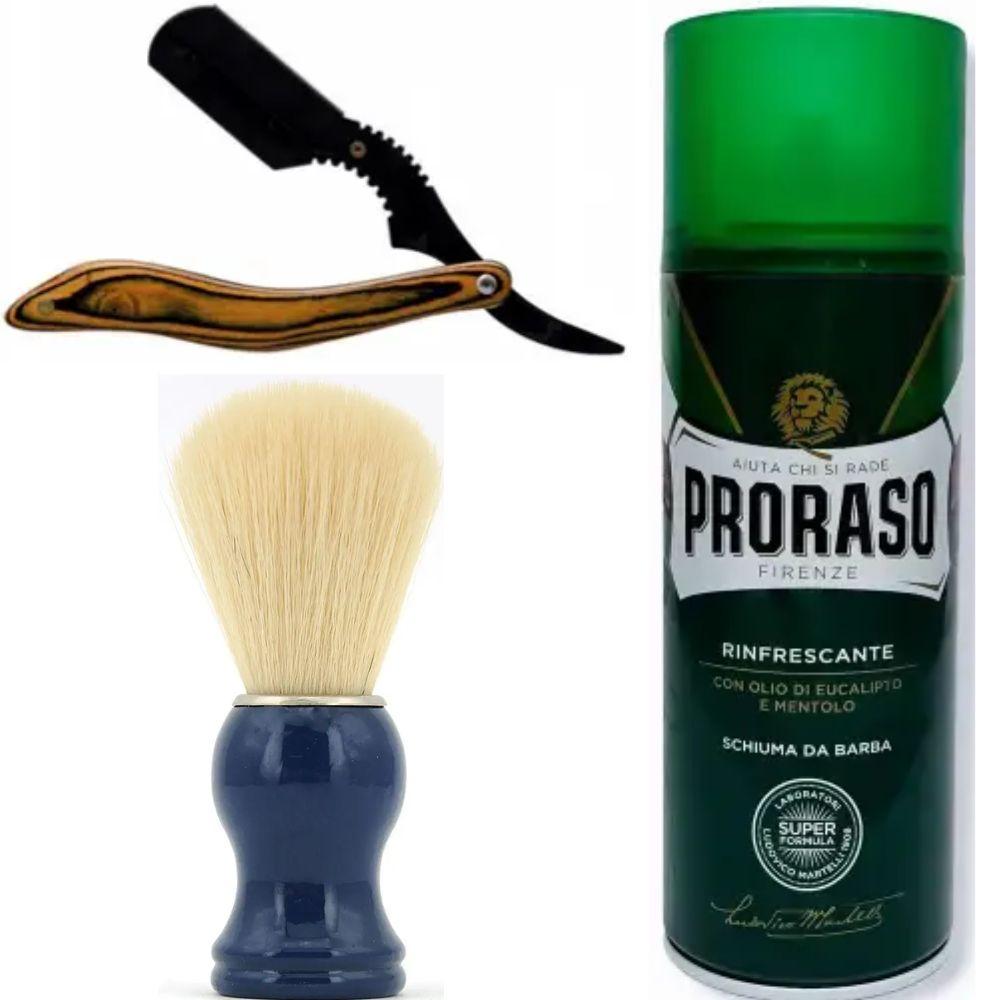 Небезпечна бритва/шавета розкладна Straight Razor + помазок SHIMA синій + піна для гоління Proraso тонізуюча евкаліпт і ментол, фото 1