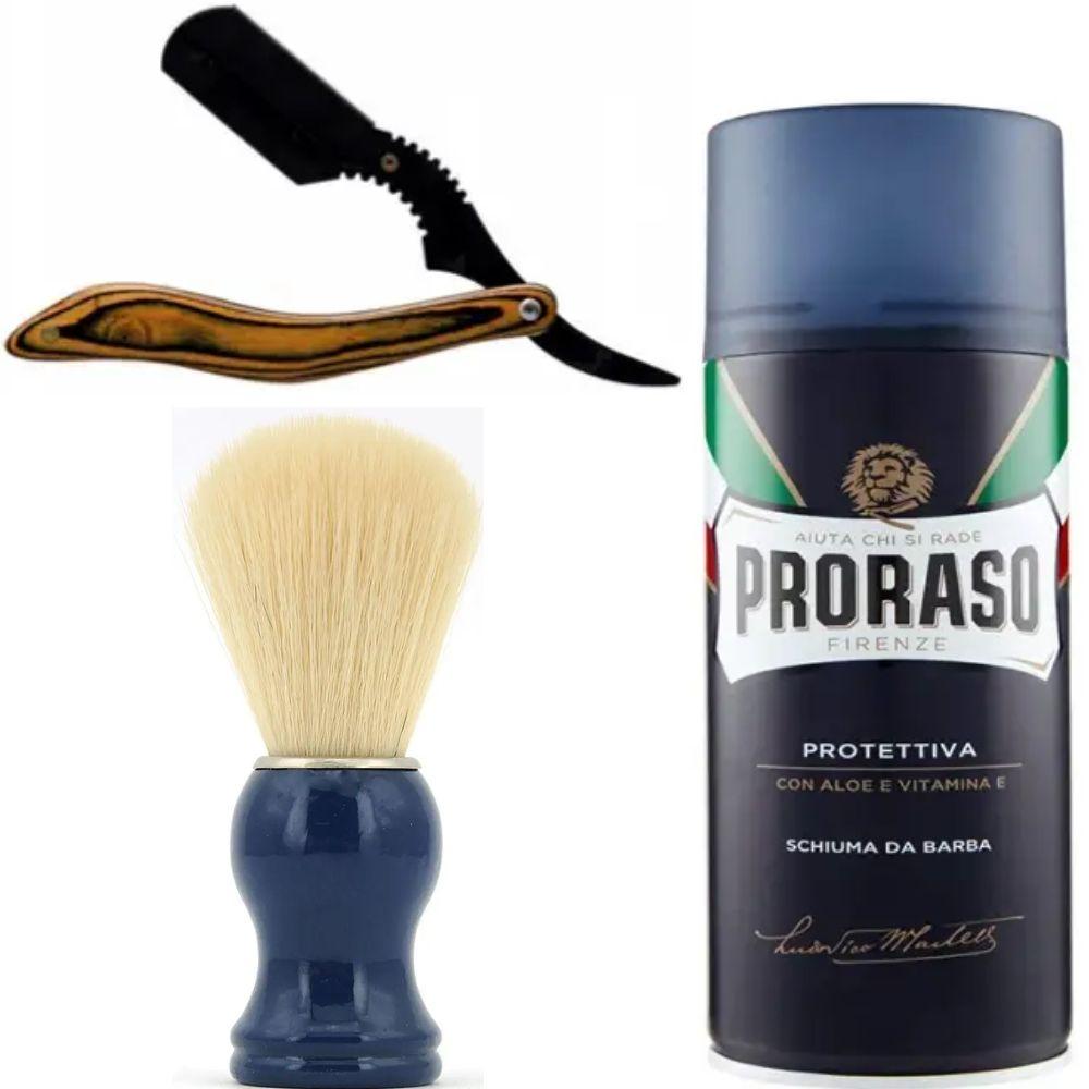 Небезпечна бритва/шавета розкладна StraightRazor + помазок SHIMA синій + піна для гоління Proraso з екстрактом алое та вітаміном Е, фото 1