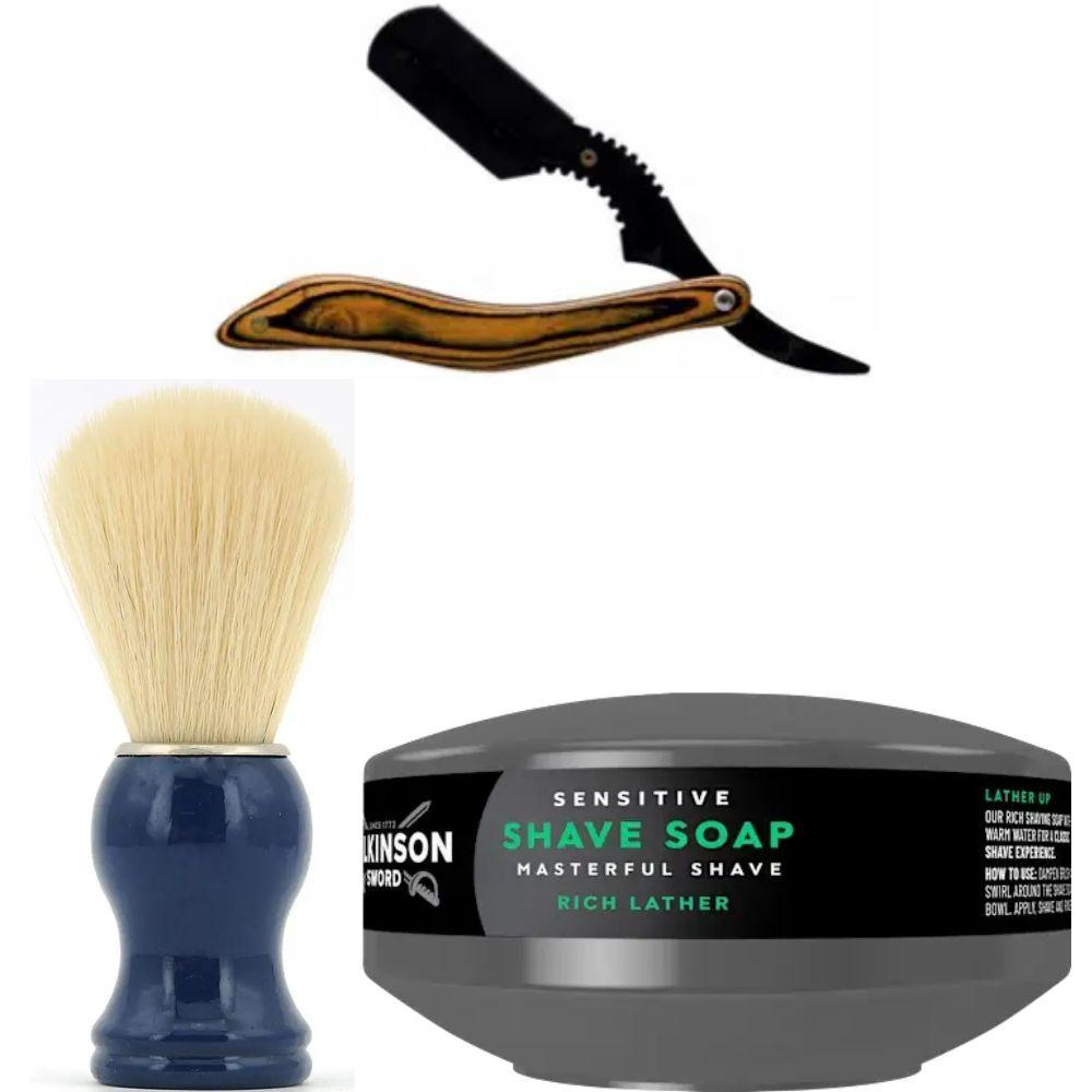 Небезпечна бритва/шавета розкладна Straight Razor + помазок SHIMA синій + мило для гоління Wilkinson Sword для чутливої шкіри 125г, фото 1