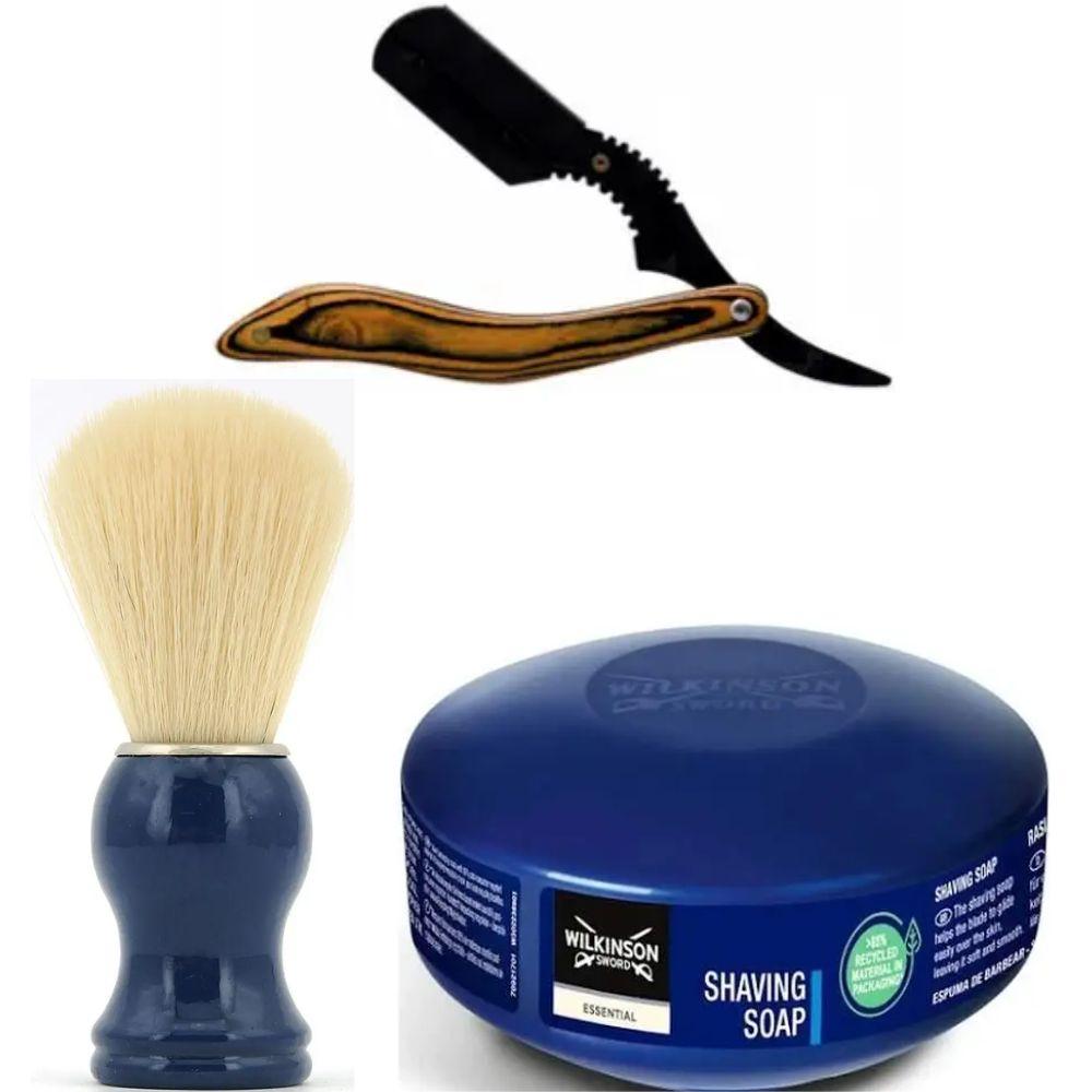 Небезпечна бритва/шавета розкладна Straight Razor + помазок SHIMA синій + мило для гоління Wilkinson Essential 125г, фото 1