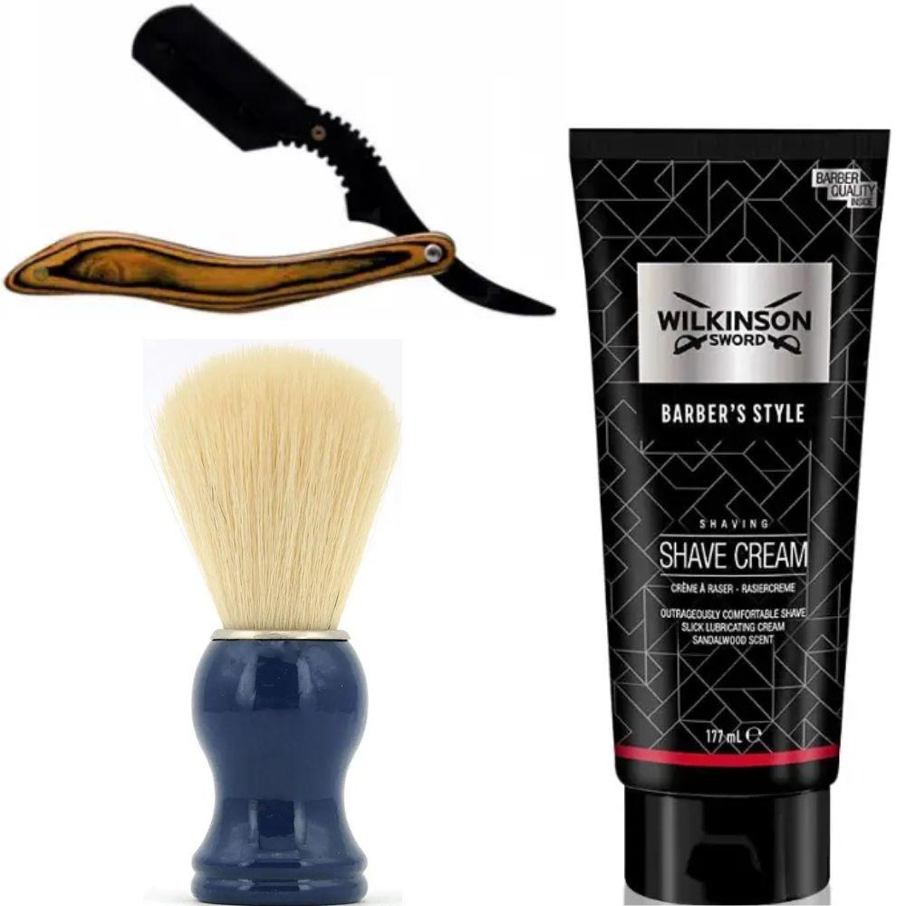 Небезпечна бритва/шавета розкладна Straight Razor + помазок SHIMA синій + крем для гоління Wilkinson Sword Barber's Style Shave, фото 1