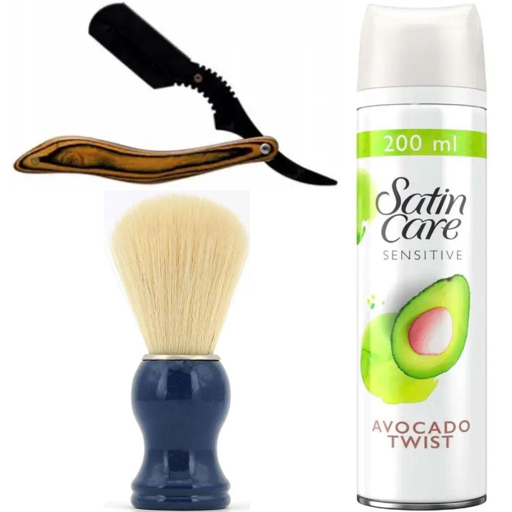 Небезпечна бритва/шавета розкладна Straight Razor + помазок SHIMA синій + гель для гоління Gillette Satin Care Gel Avocado 200 мл, фото 1