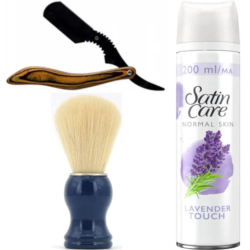 Небезпечна бритва/шавета розкладна Straight Razor + помазок SHIMA синій + гель для гоління Gillette Satin Care Gel Lavender 200 мл, фото 1