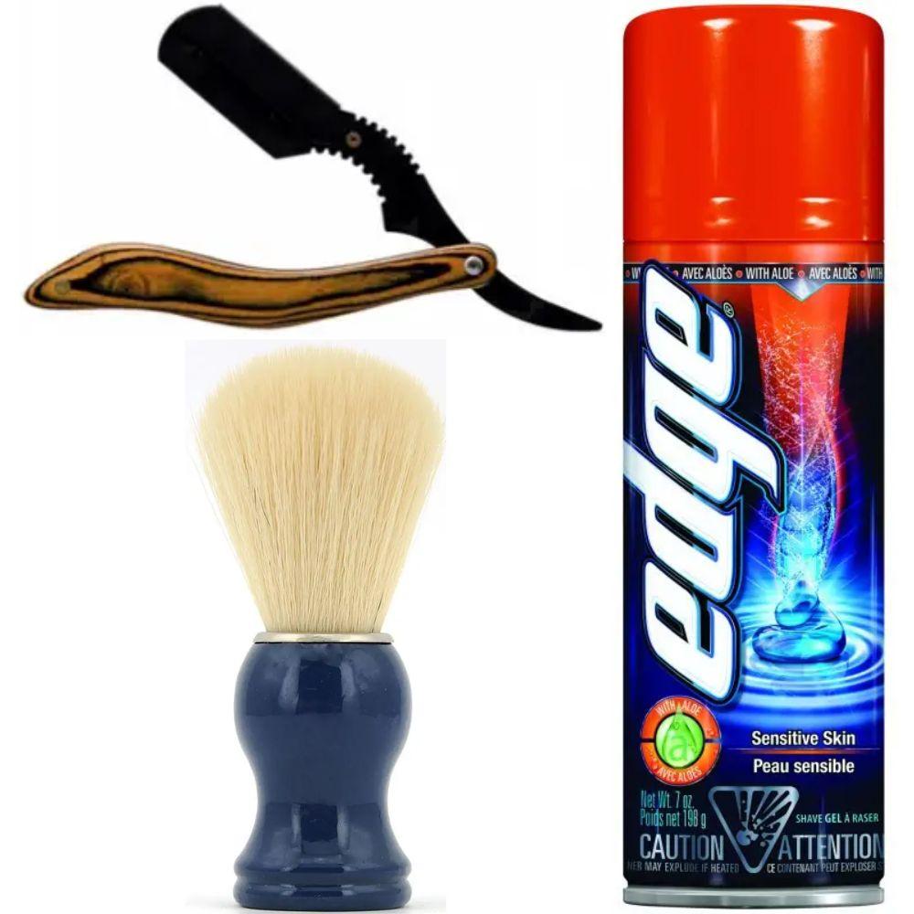 Небезпечна бритва/шавета розкладна Straight Razor + помазок SHIMA синій + гель для гоління Wilkinson Sword EDGE Sensitive, фото 1