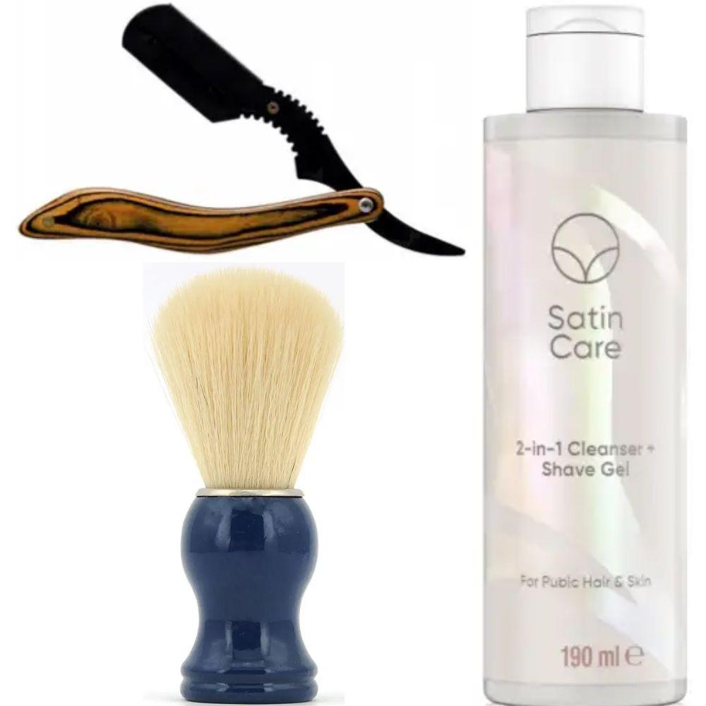 Небезпечна бритва/шавета розкладна Straight Razor + помазок SHIMA синій + гель для гоління Gillette Venus Venus Satin Care 2 в 1, фото 1