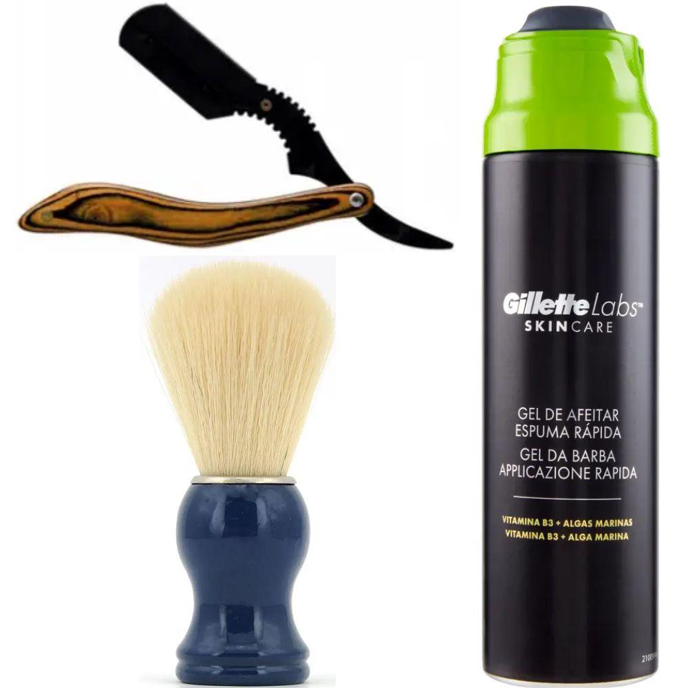 Небезпечна бритва/шавета розкладна Straight Razor + помазок SHIMA синій + гель для гоління Gillette Labs Gel 198 мл, фото 1