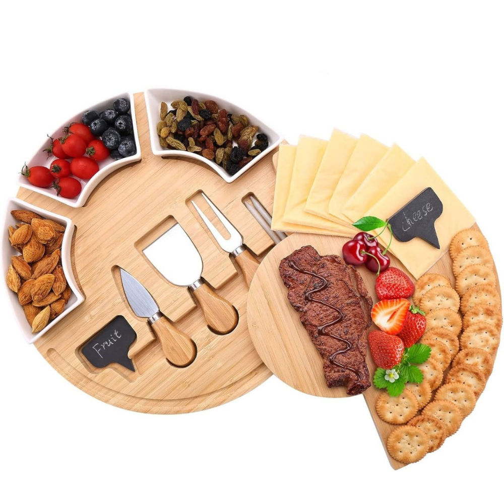 Дошка бамбукова кругла для сиру і закусок з ножами, дерев'яна сервірувальна менажниця діаметр 33 см, фото 1