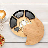Дошка для сиру і закусок бамбукова кругла з ножами, дерев'яна менажниця діаметр 33 см колір чорний, фото 9