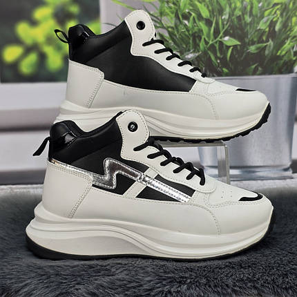 Кросівки жіночі Lilin білі з чорним еко-шкіра високі демісезонні 8134, фото 1