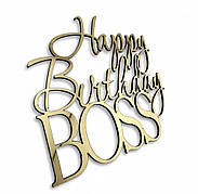 Бічний торцевий топер BOSS Happy Birthday з дзеркального золота, 11×9 см, пластиковий, 1 мм товщина