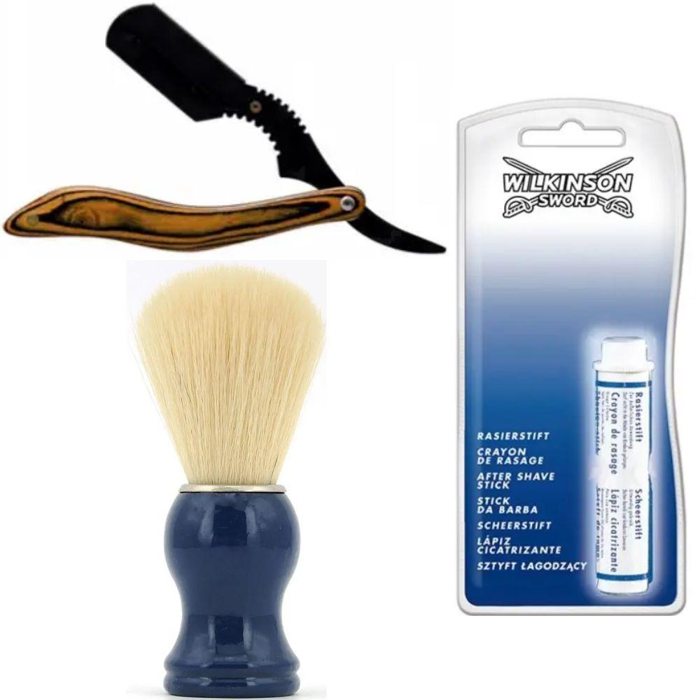 Небезпечна бритва/шавета розкладна Straight Razor + помазок SHIMA синій + кровоспинний олівець Wilkinson Sword After Shave Stick, фото 1