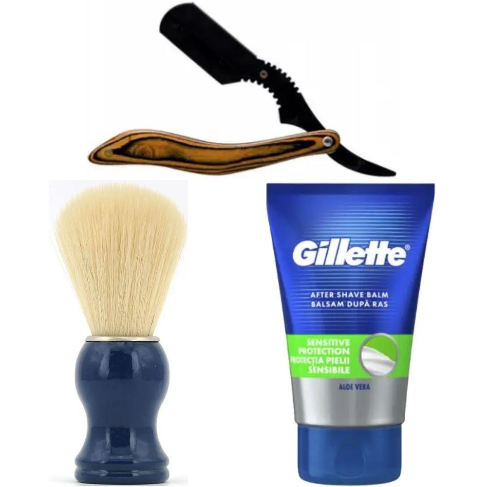 Небезпечна бритва/шавета розкладна Straight Razor + помазок SHIMA синій + бальзам після гоління Gillette Sensitive Protection, фото 1