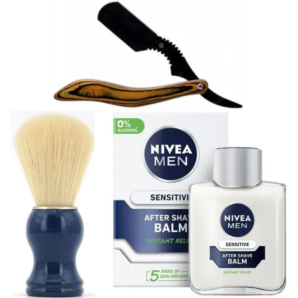 Небезпечна бритва/шавета розкладна Straight Razor + помазок SHIMA синій + бальзам після гоління Nivea Men Sensitivе 100 мл, фото 1