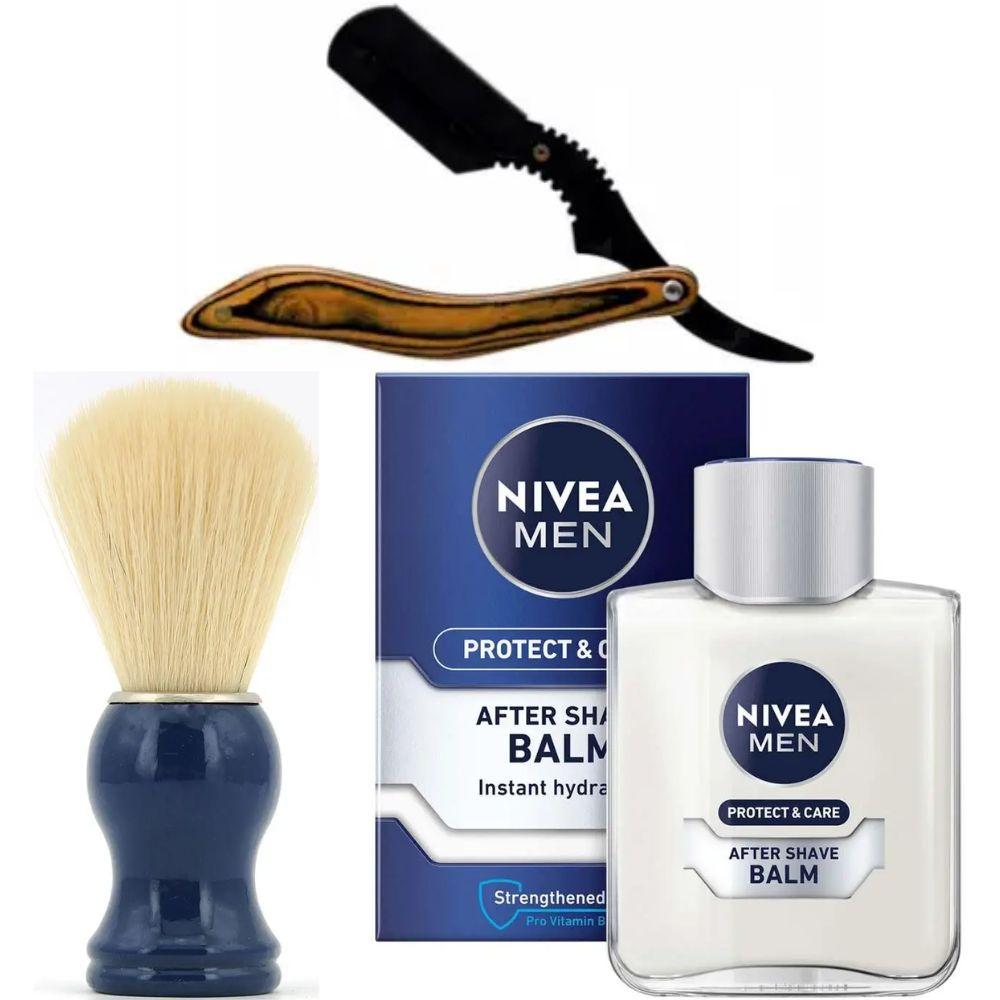 Небезпечна бритва/шавета розкладна Straight Razor + помазок SHIMA синій + бальзам після гоління Nivea Men Protect & Care 100 мл, фото 1