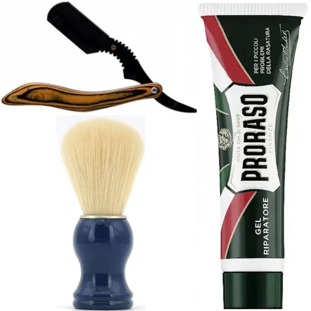 Небезпечна бритва/шавета розкладна Straight Razor + помазок SHIMA синій + гель від порізів Proraso Razor Cut Repair Gel, фото 1