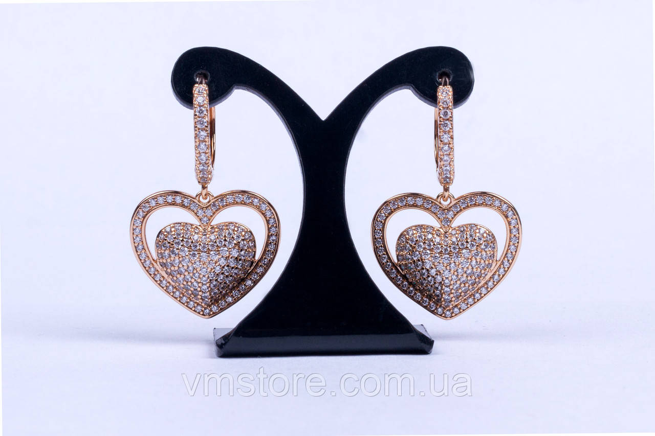 Сережки жіночі серце, ошатні жіночі кульчики позолота, фото 1