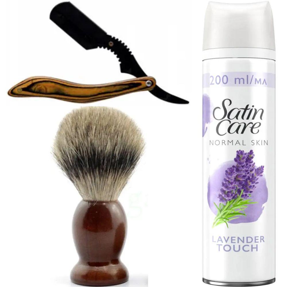 Небезпечна бритва/шавета розкладна Straight Razor + помазок SHIMA + гель для гоління Gillette Satin Care Gel Lavender 200 мл, фото 1