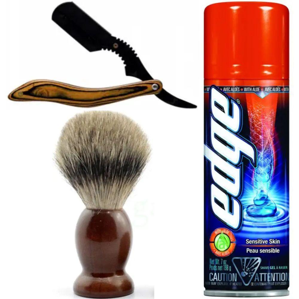 Небезпечна бритва/шавета розкладна Straight Razor + помазок SHIMA + гель для гоління Wilkinson Sword EDGE Sensitive, фото 1