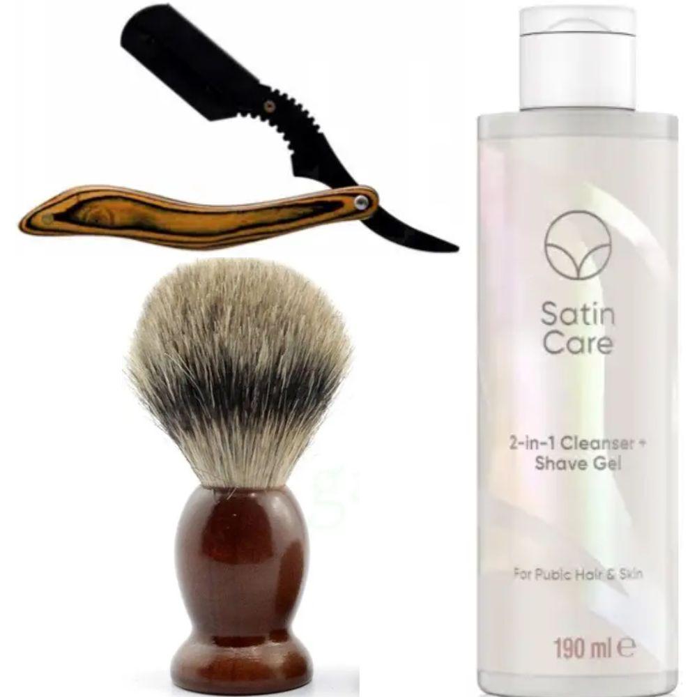 Небезпечна бритва/шавета розкладна Straight Razor + помазок SHIMA + гель для гоління Gillette Venus Venus Satin Care 2 в 1, фото 1