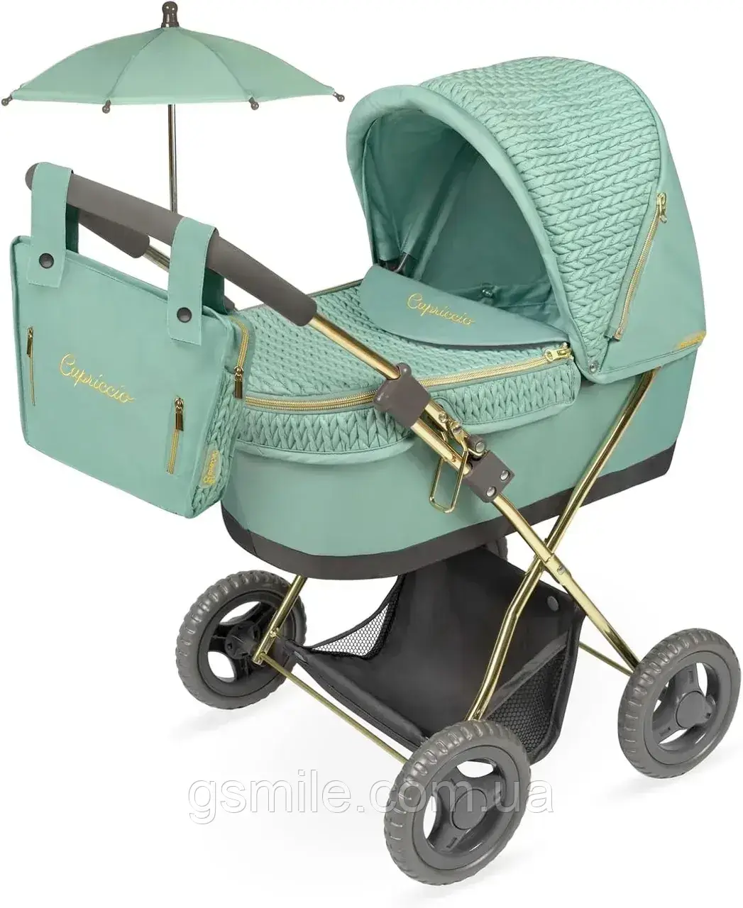 Іграшкова коляска DeCuevas Capriccio 85073 з парасолькою, сумкою та кошиком, для сюжетної гри дівчинки від 3 років