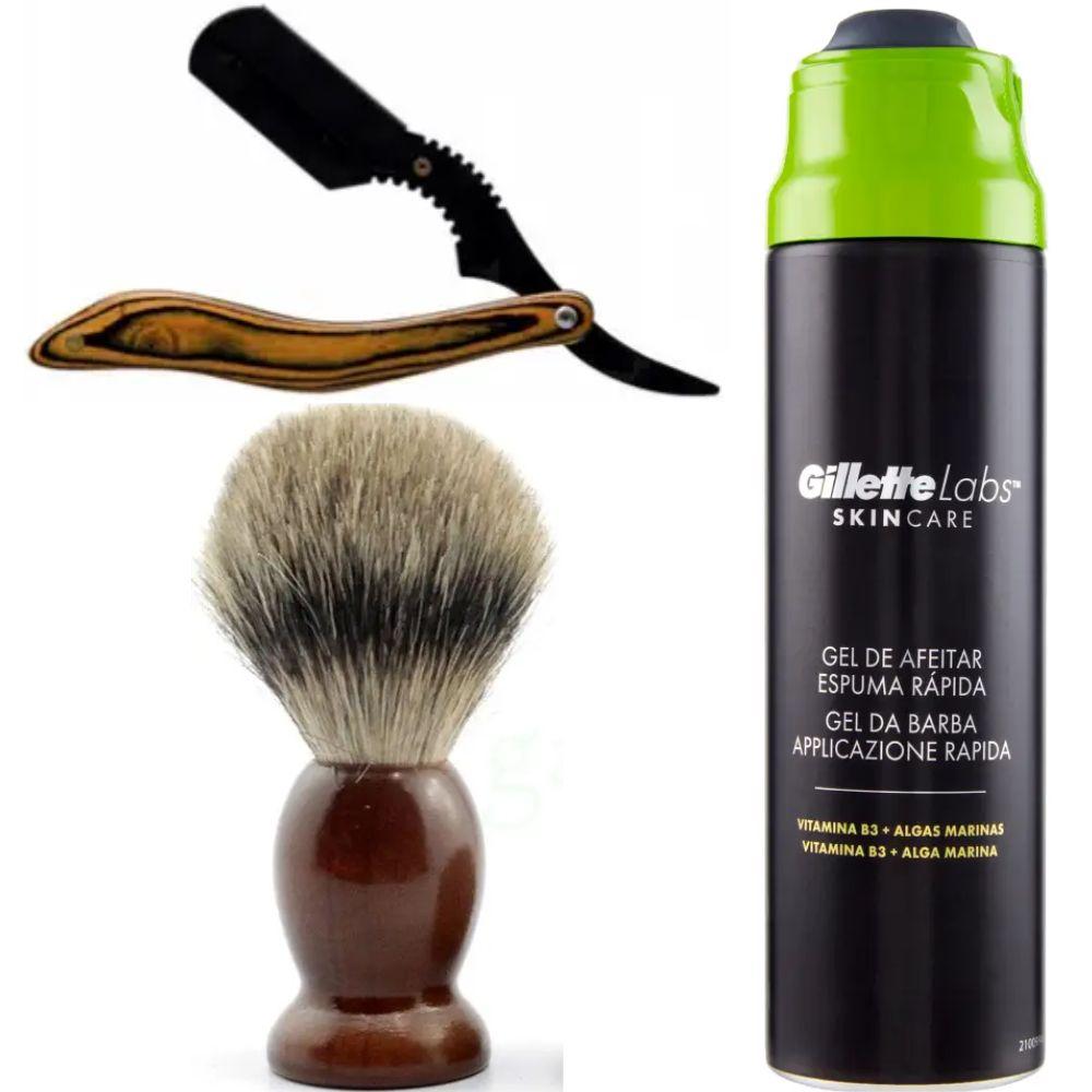 Небезпечна бритва/шавета розкладна Straight Razor + помазок SHIMA + гель для гоління Gillette Labs Gel 198 мл, фото 1