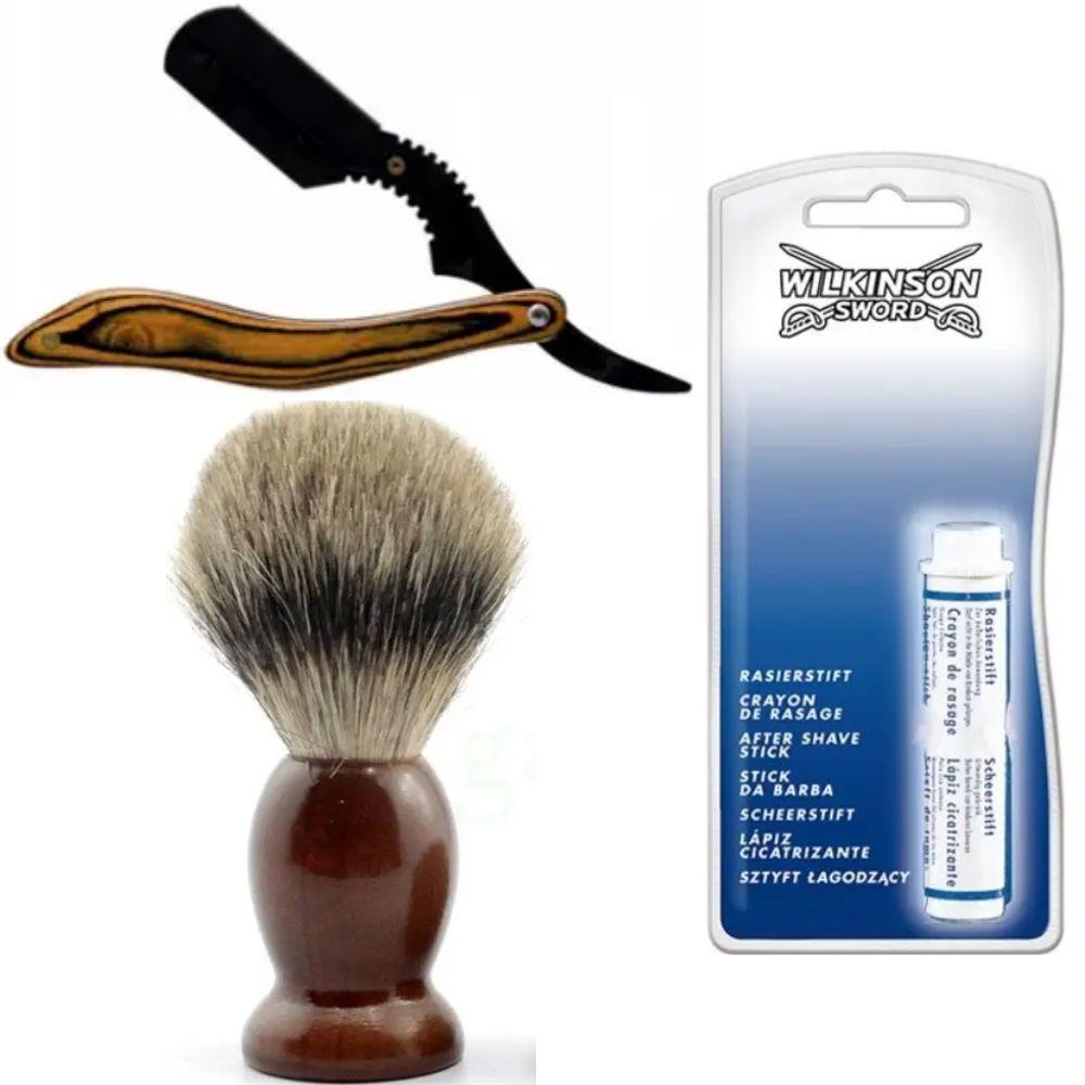 Небезпечна бритва/шавета розкладна Straight Razor + помазок SHIMA + кровоспинний олівець Wilkinson Sword After Shave Stick, фото 1
