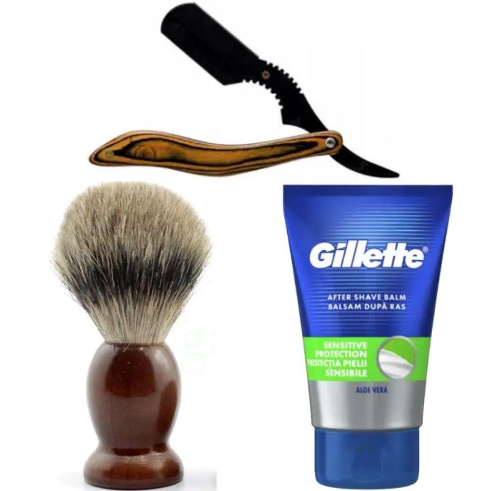 Небезпечна бритва/шавета розкладна Straight Razor + помазок SHIMA + бальзам після гоління Gillette Sensitive Protection, фото 1