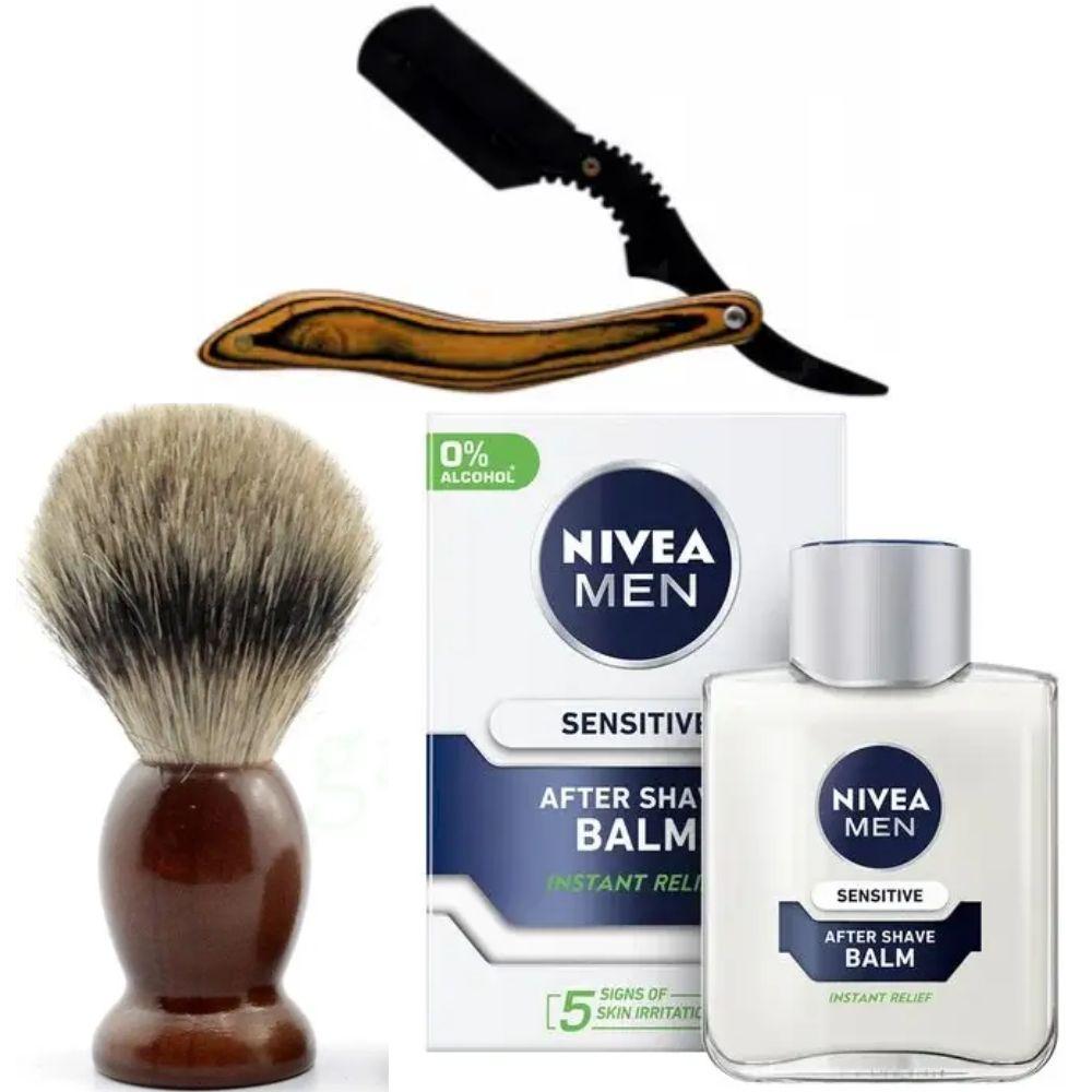 Небезпечна бритва/шавета розкладна Straight Razor + помазок SHIMA + бальзам після гоління Nivea Men Sensitivе 100 мл, фото 1