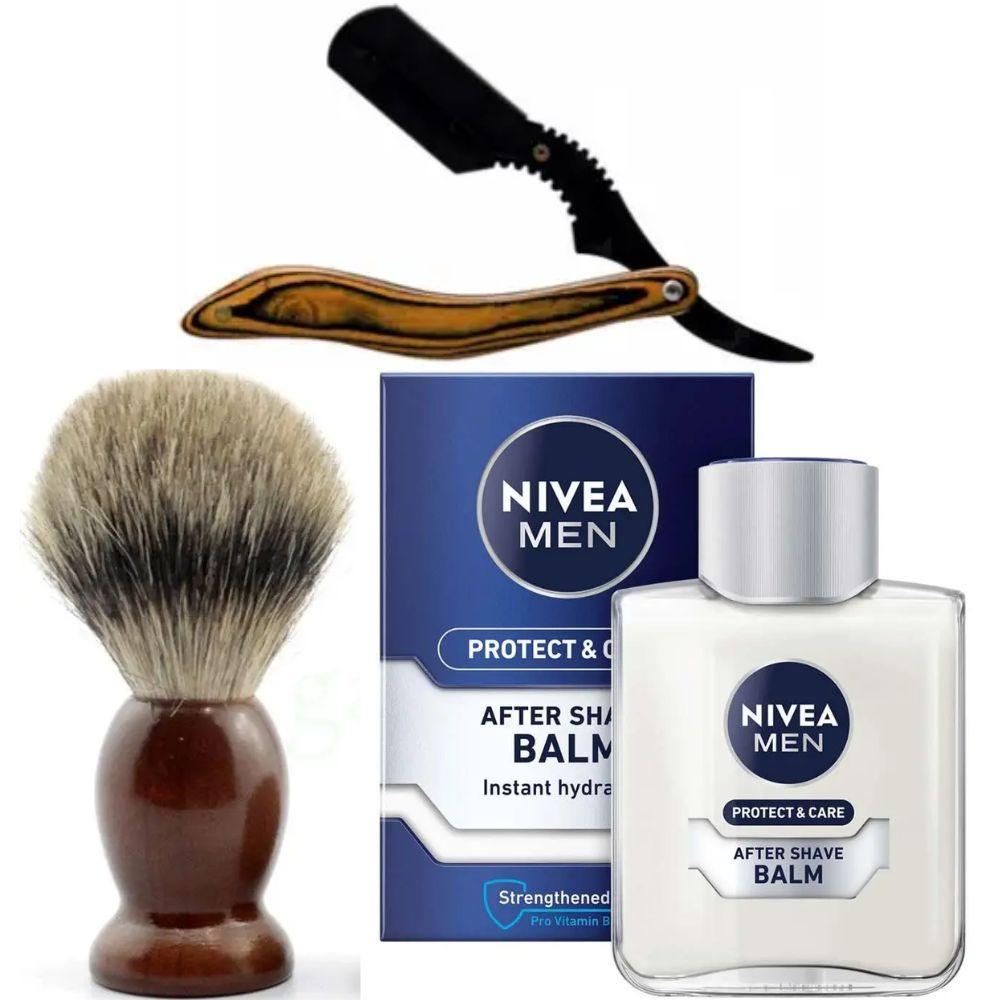 Небезпечна бритва/шавета розкладна Straight Razor + помазок SHIMA + бальзам після гоління Nivea Men Protect & Care 100 мл, фото 1