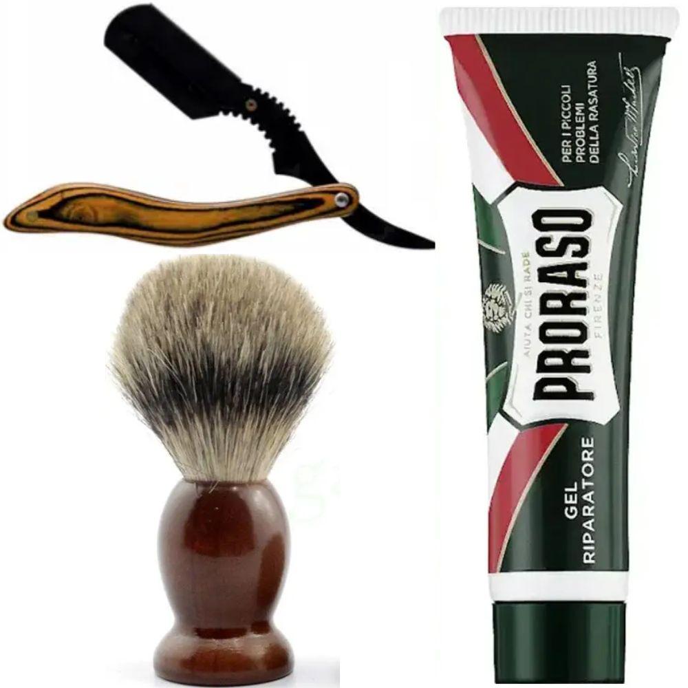 Небезпечна бритва/шавета розкладна Straight Razor + помазок SHIMA + гель від порізів Proraso Razor Cut Repair Gel, фото 1