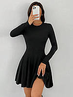 Женское чёрное платье длинные рукава в рубчик юбка клёш
